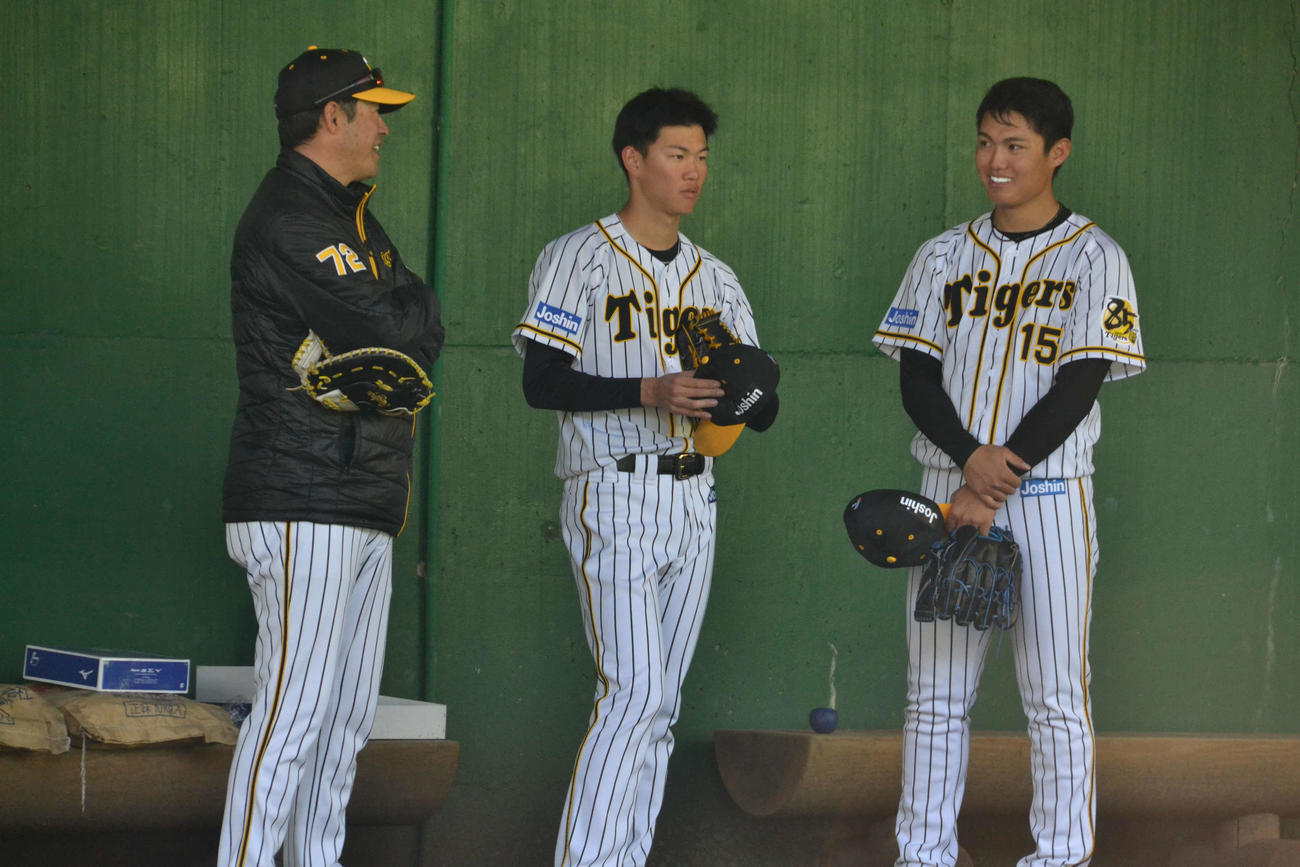 ブルペンで変化球を試した阪神ドラフト1位の西（右端）と同3位及川（中央）