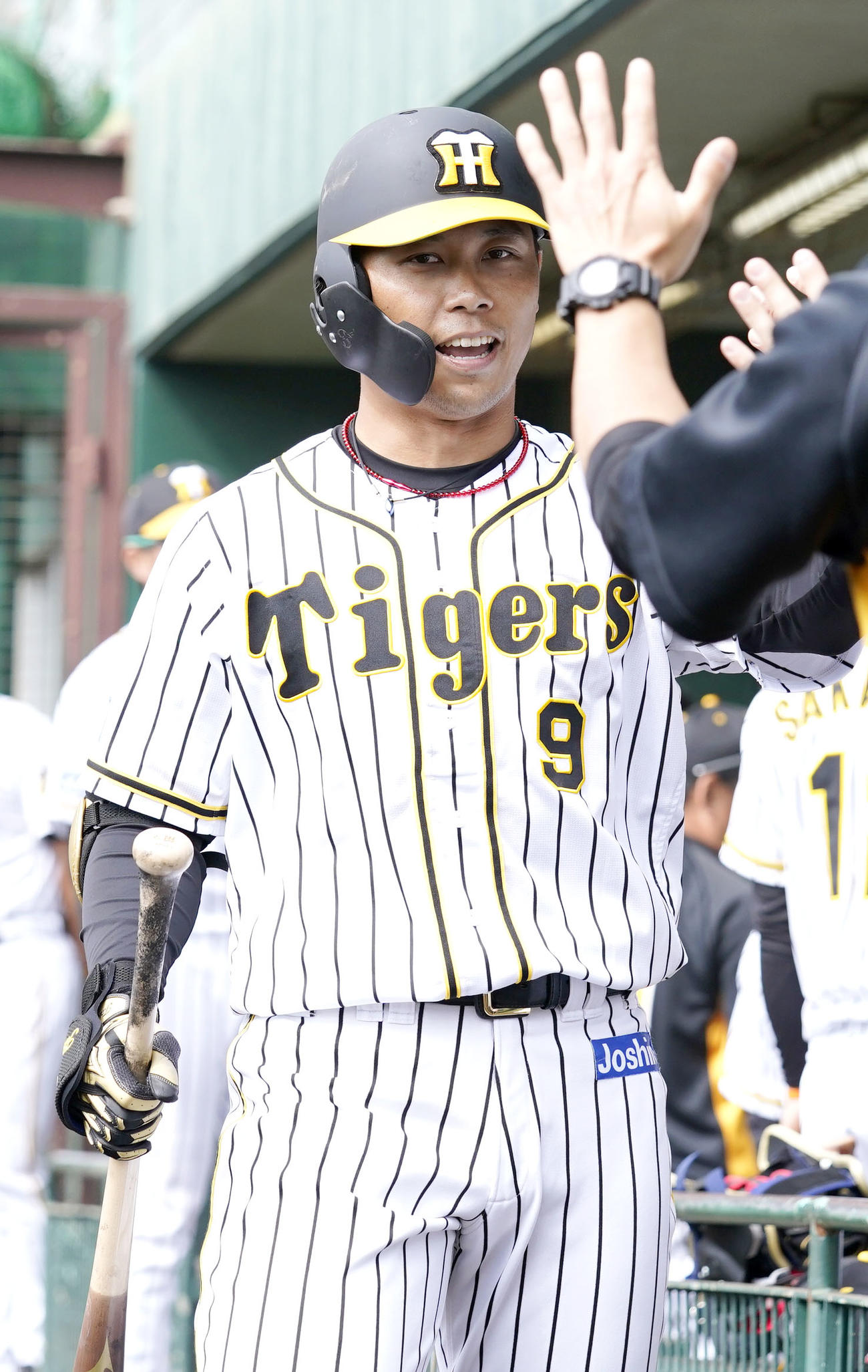 練習試合・阪神対楽天　4回裏阪神無死、高山（左）は右越え本塁打を放ちベンチの出迎えを受ける（撮影・上山淳一）