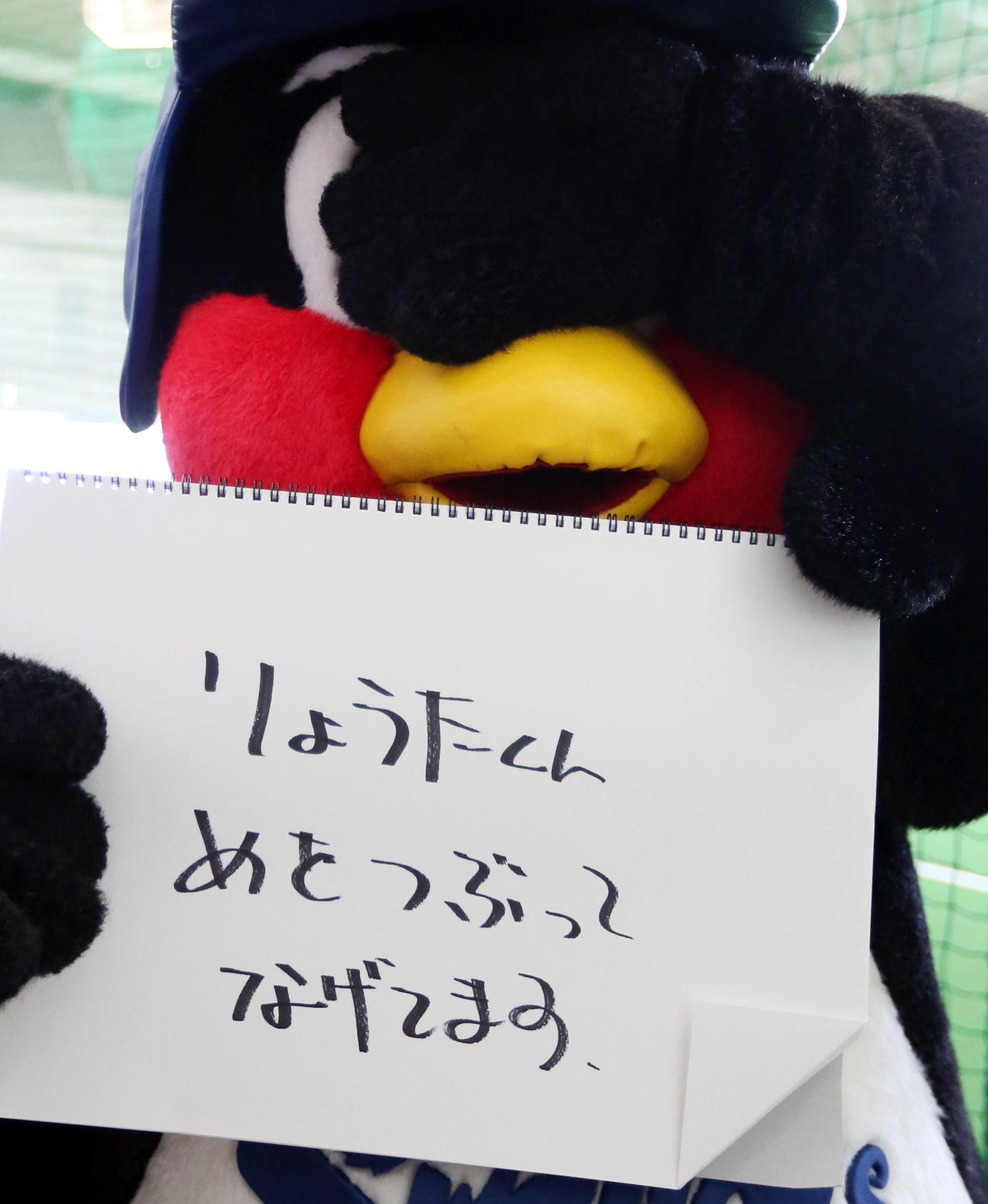 ブルペンで目を閉じながら投球する五十嵐をファンに目を閉じながら教えるつば九郎（撮影・狩俣裕三）