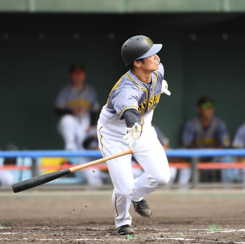 中日対阪神　2回表阪神2死一塁、左越え2点本塁打を放った坂本誠志郎（撮影・森本幸一）