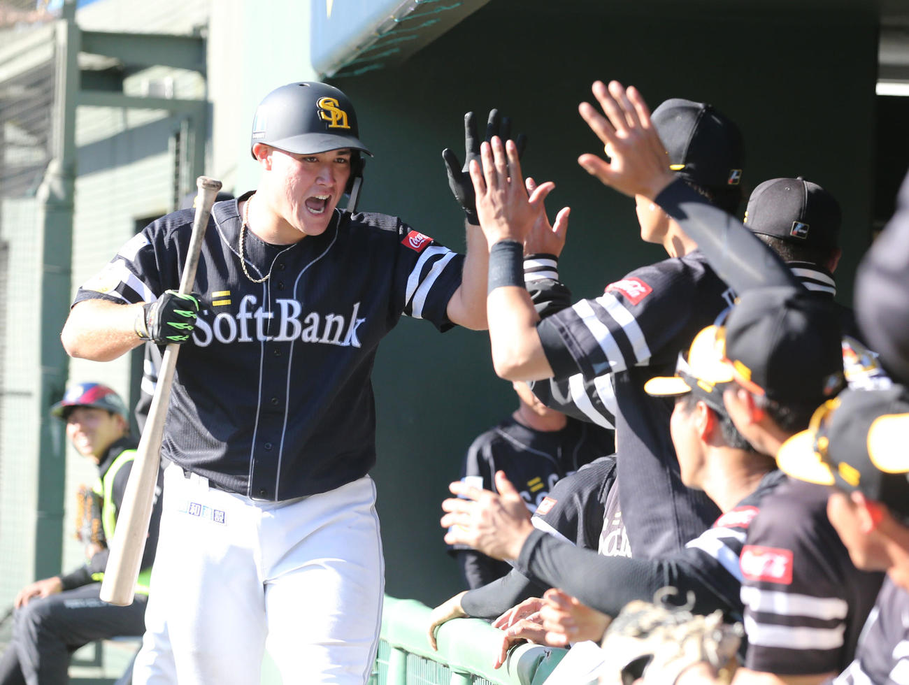 オリックス対ソフトバンク　8回表ソフトバンク2死、リチャードは左越え本塁打を放ちベンチのナインとハイタッチ（撮影・梅根麻紀）