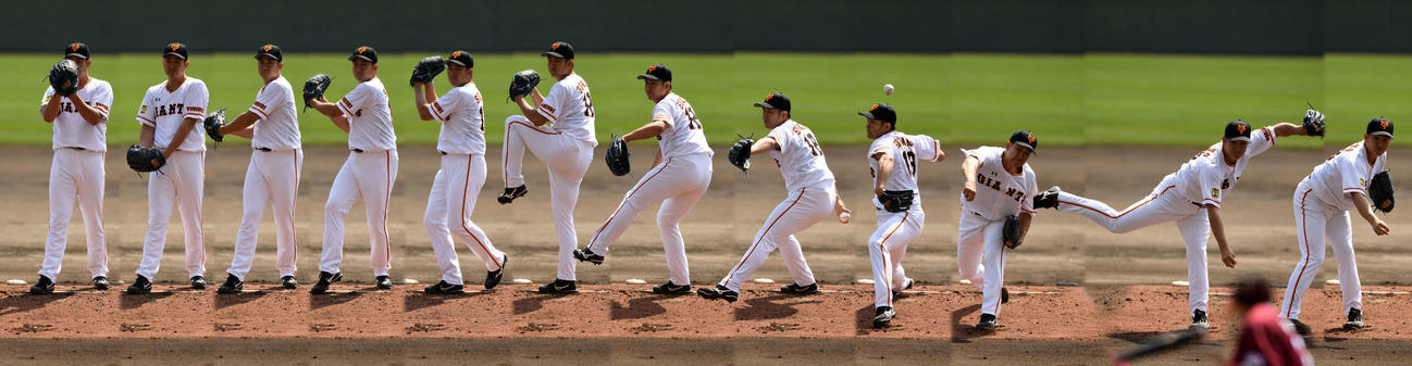 新フォームで投げ込む巨人菅野の連続写真