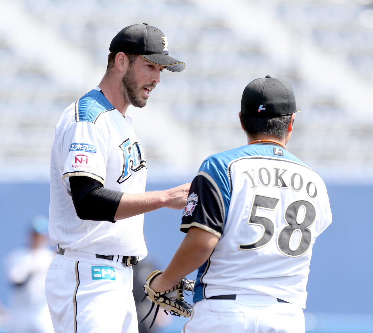日本ハム対DeNA　2回表DeNA無死一、二塁、好守を見せた日本ハム横尾（右手前）とグータッチを交わすバーヘイゲン（撮影・佐藤翔太）