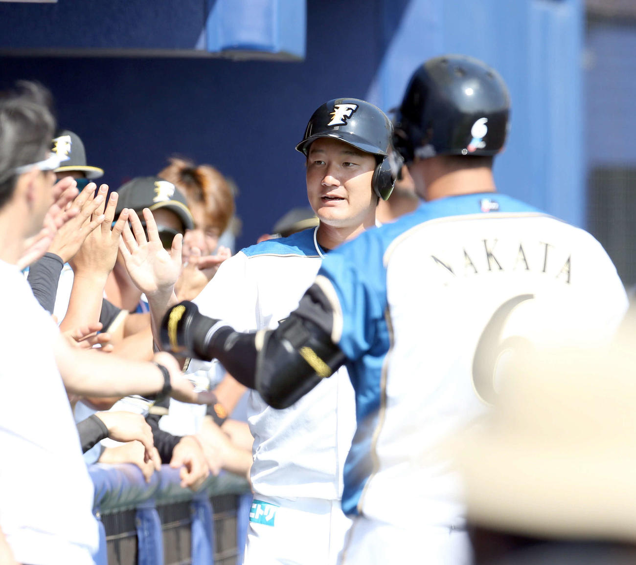 日本ハム対DeNA　4回裏日本ハム1死三塁、中田（右手前）の中犠飛で生還しチームメートに出迎えられる渡辺（撮影・佐藤翔太）