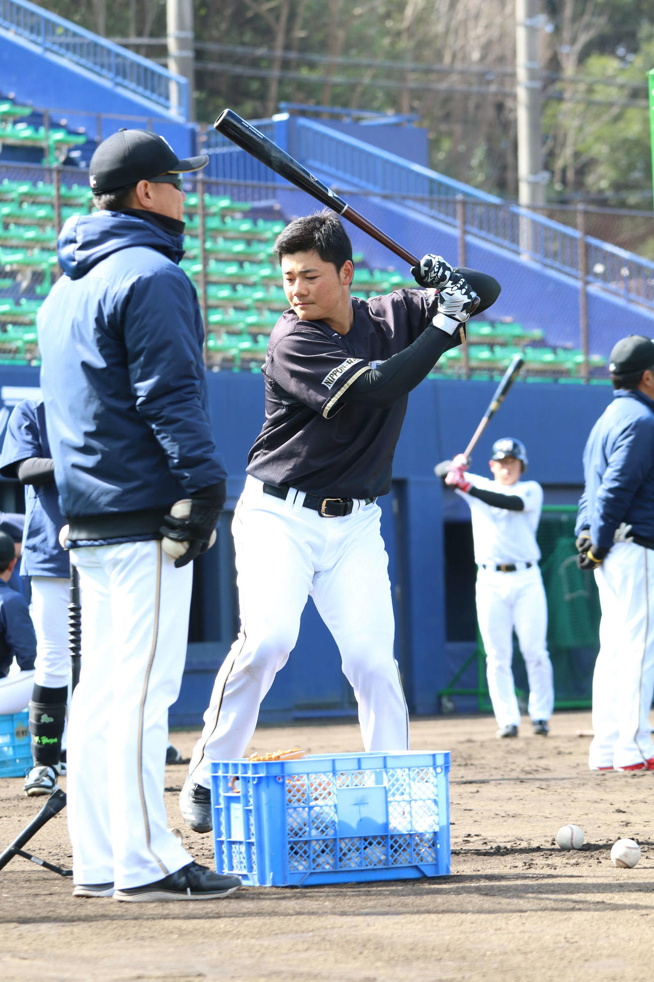 真剣な表情でティー打撃する日本ハム清宮（撮影・田中彩友美）
