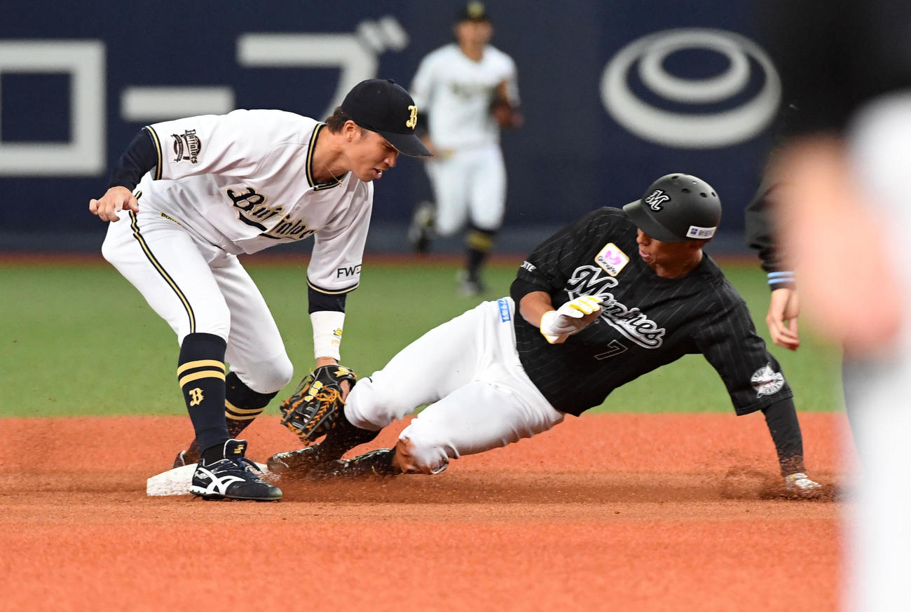 オリックス対ロッテ　1回表ロッテ無死一塁、福田秀は二塁盗塁に成功。野手安達（撮影・前岡正明）