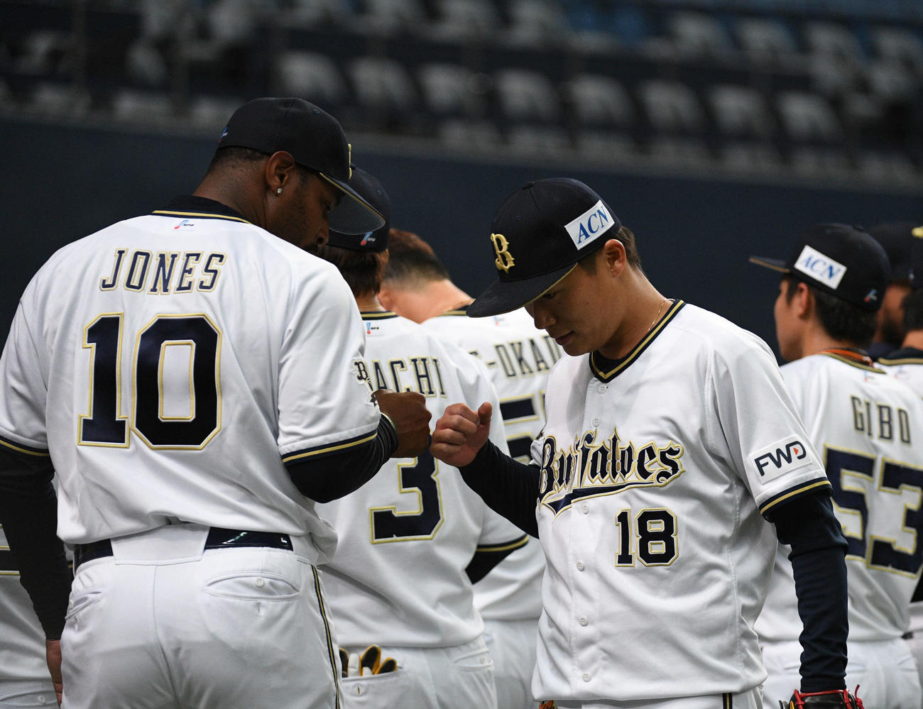 オリックス対ロッテ　4回表ロッテの攻撃を3者凡退に抑えた山本由伸（右）はアダム・ジョーンズとグータッチ（撮影・渦原淳）