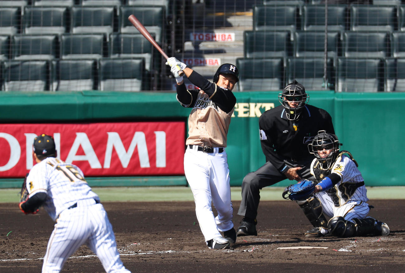阪神対日本ハム　3回表日本ハム2死、右前打を放つ近藤（撮影・前田充）