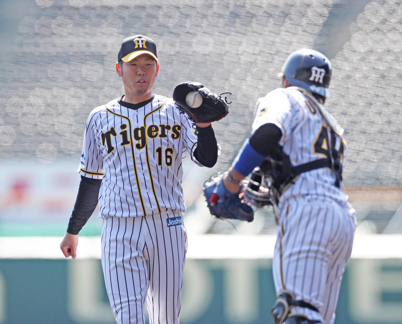 阪神対日本ハム　2回表日本ハム、捕手梅野隆太郎からの返球を受ける西勇輝（撮影・清水貴仁）