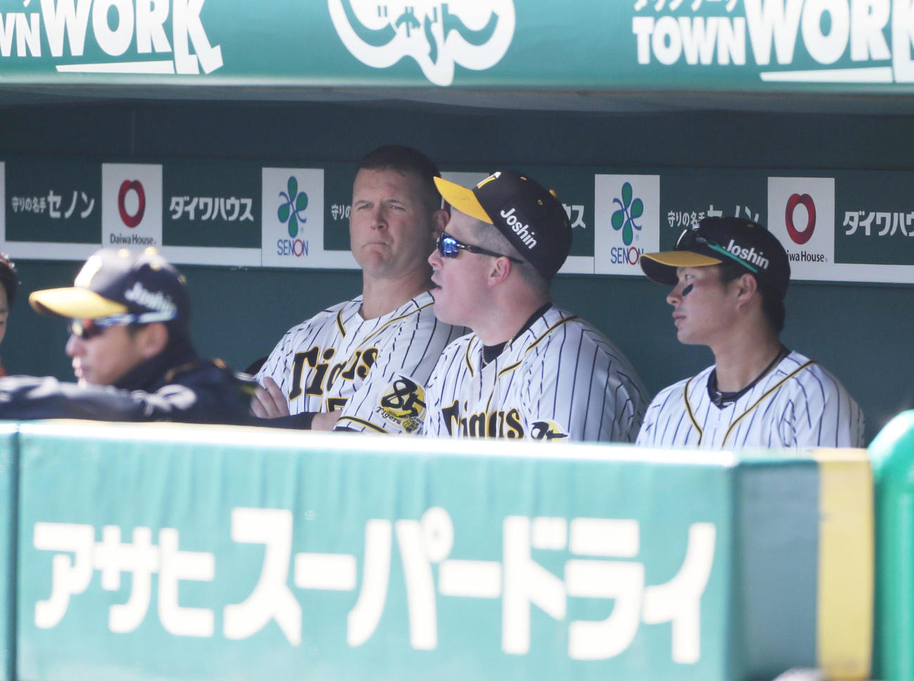 2回、ベンチから試合をみるサンズ（左から2人目）とボーア（右から2人目）（撮影・清水貴仁）