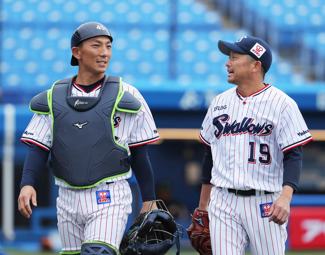 ヤクルト対ロッテ　4回表を抑えヤクルト石川（右）と笑顔で言葉を交わすヤクルト嶋（撮影・河田真司）