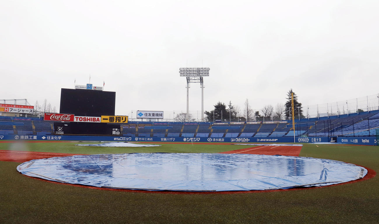 ヤクルト対ロッテ　雨が降る中シートが敷かれた神宮球場（撮影・垰建太）