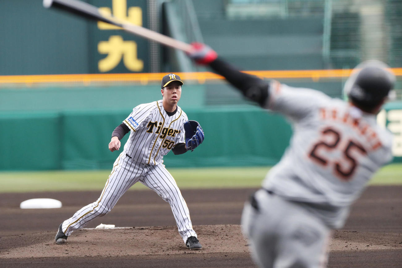 阪神対巨人　阪神先発の青柳、打者は岡本（撮影・清水貴仁）