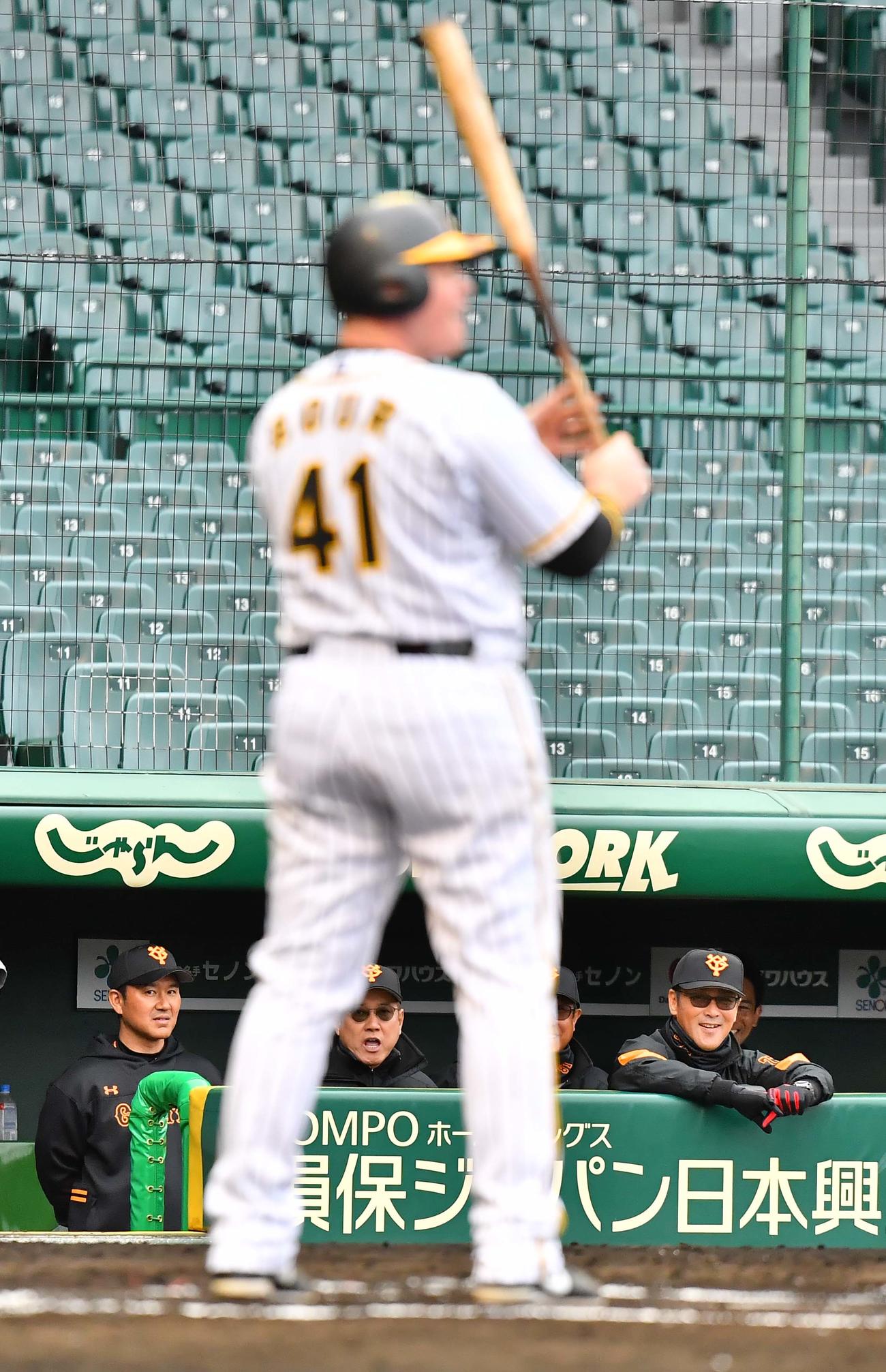 6回裏阪神無死、バントの構えを見せたボーアにベンチから声を出す原監督（中央）（撮影・上田博志）