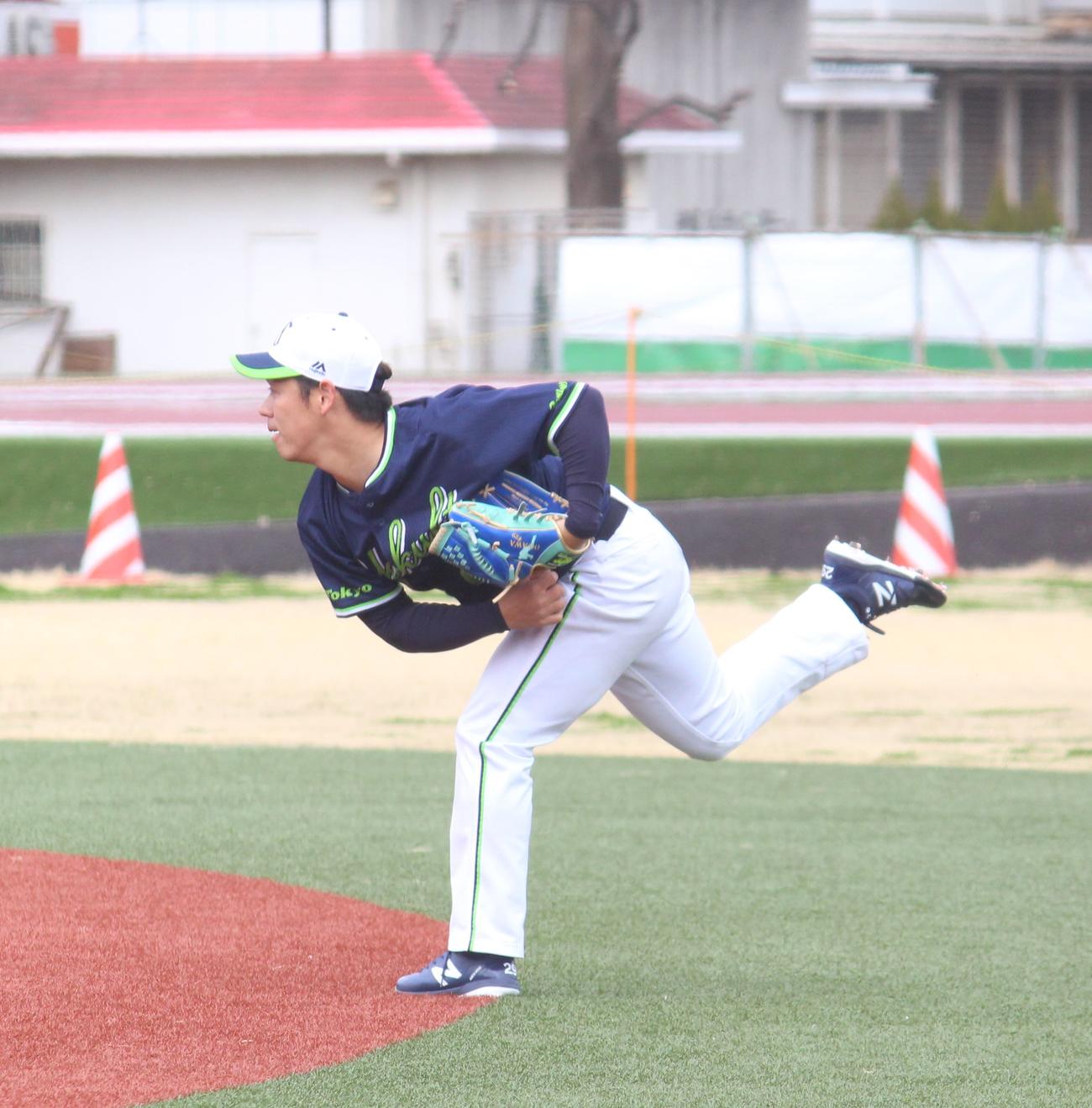 投手練習でキャッチボールをするヤクルト小川（撮影・保坂恭子）