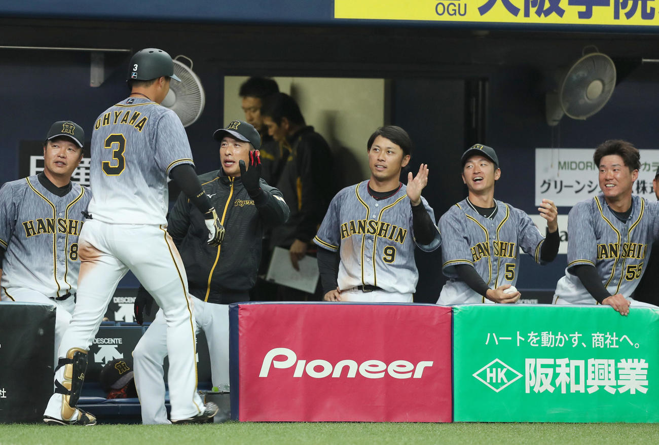 2点本塁打を放った大山を迎える矢野監督（左から3人目）らナイン（撮影・前田充）