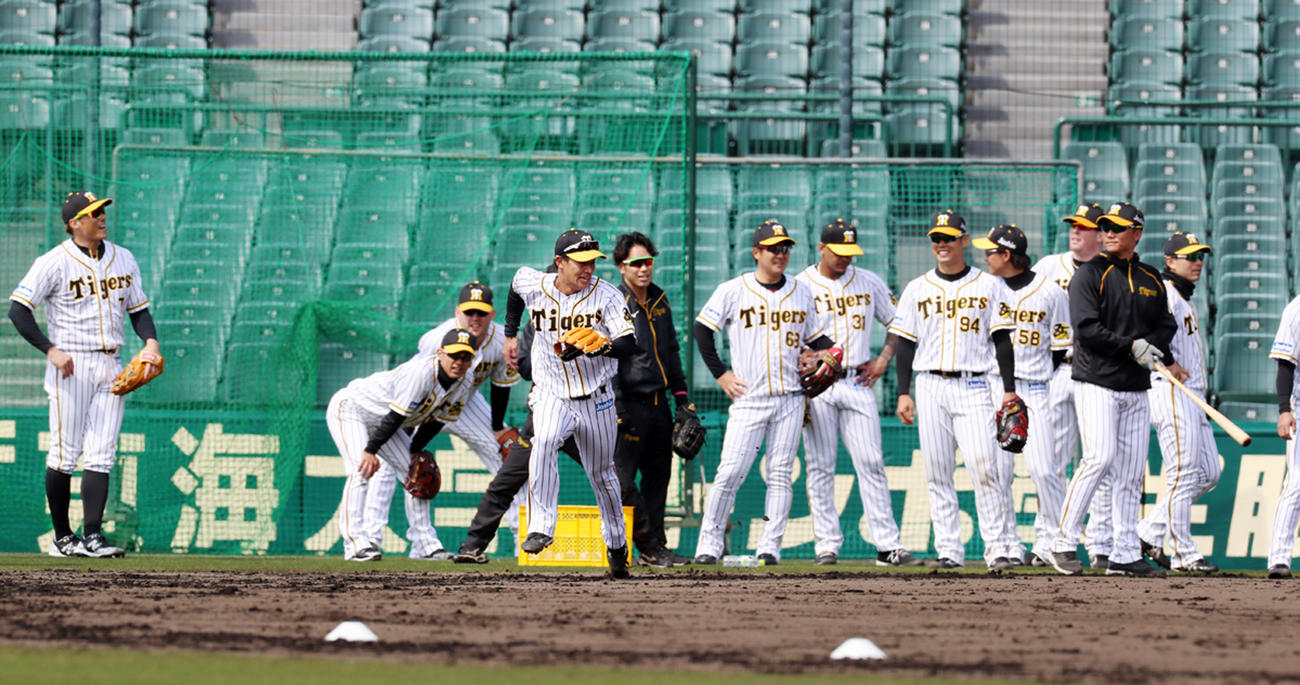 コロンビアノックでグラウンドを走る阪神ナインたち（撮影・加藤哉）