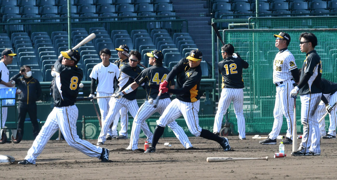 ロングティーを行う福留（左）と糸井（右から4人目）ら（撮影・前岡正明）