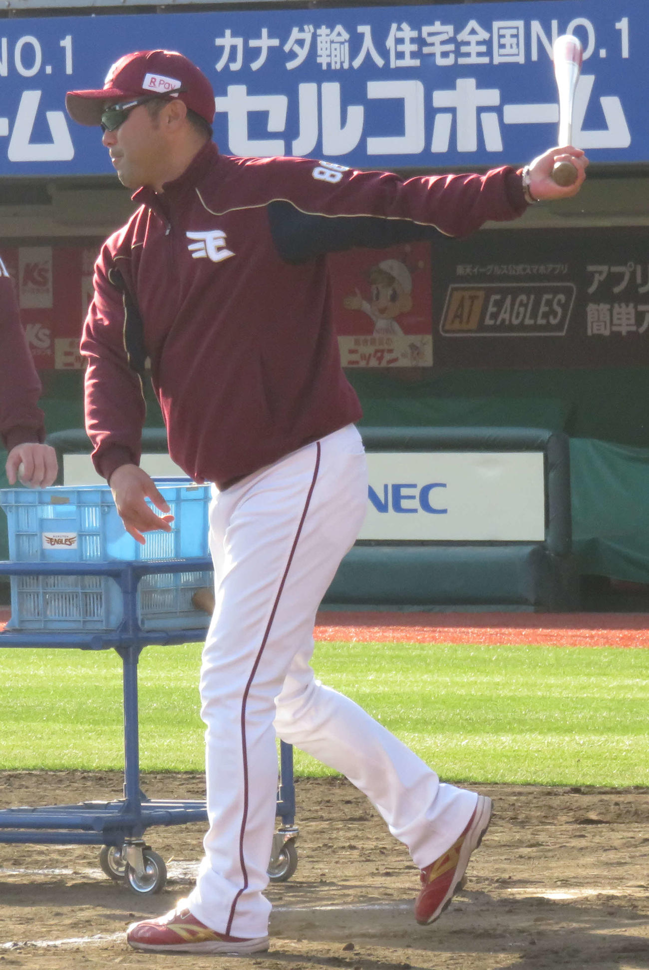 個別練習で楽天小深田へノックを打つ三木監督（撮影・桑原幹久）