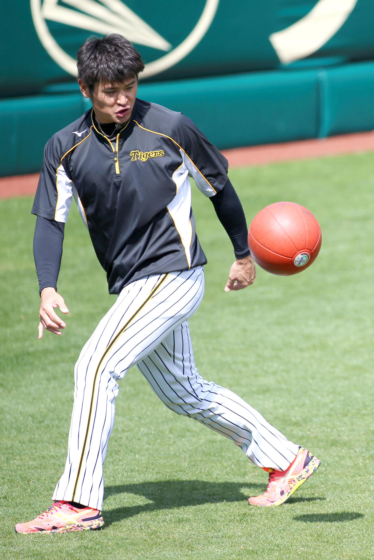 甲子園でメディシンボールを使ってトレーニングする中田（撮影・上山淳一）