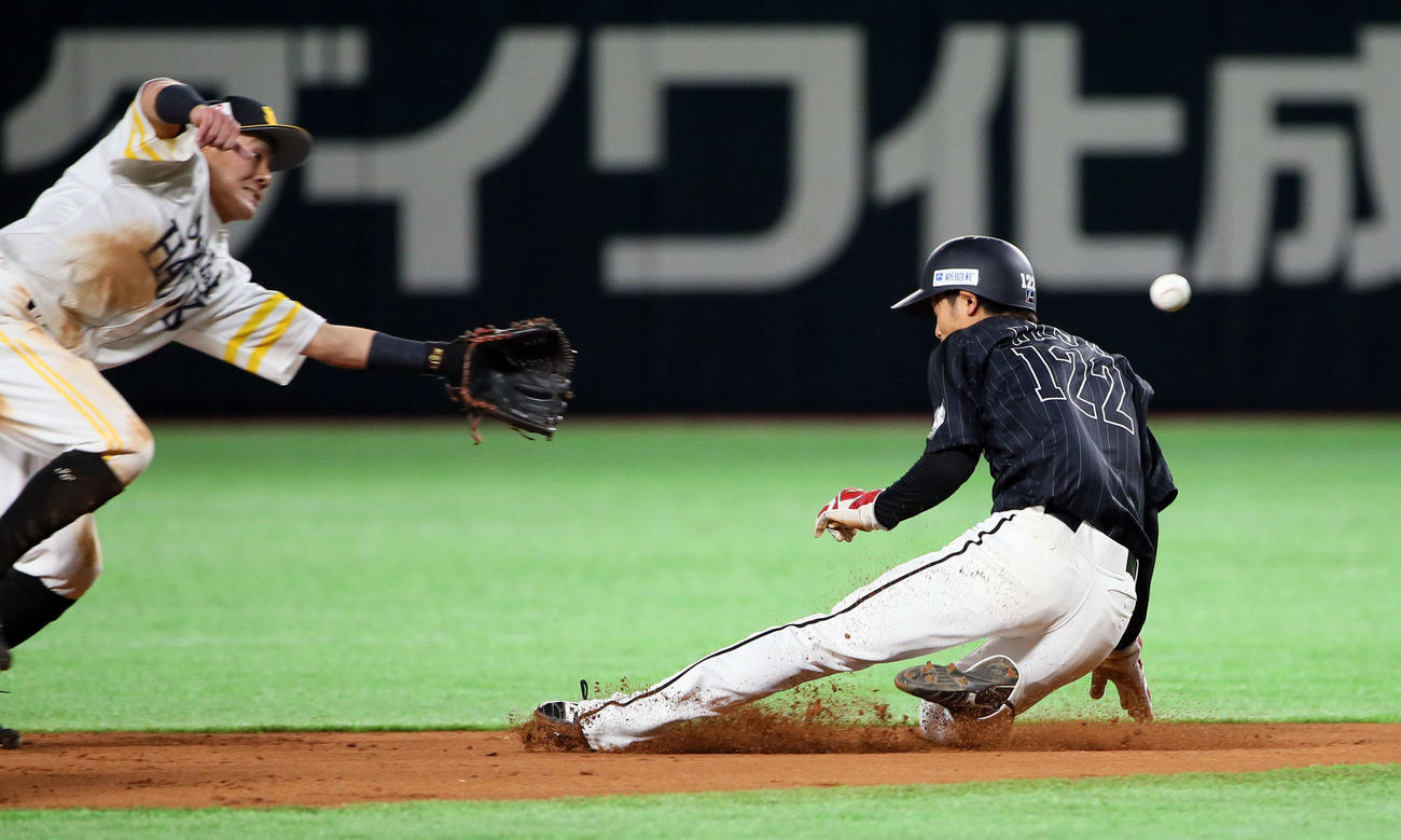 ソフトバンク対ロッテ　練習試合　7回表ロッテ1死一塁、打者福田光の時、一塁走者和田は二塁盗塁を試みるもタッチアウト。野手牧原（撮影・栗木一考）