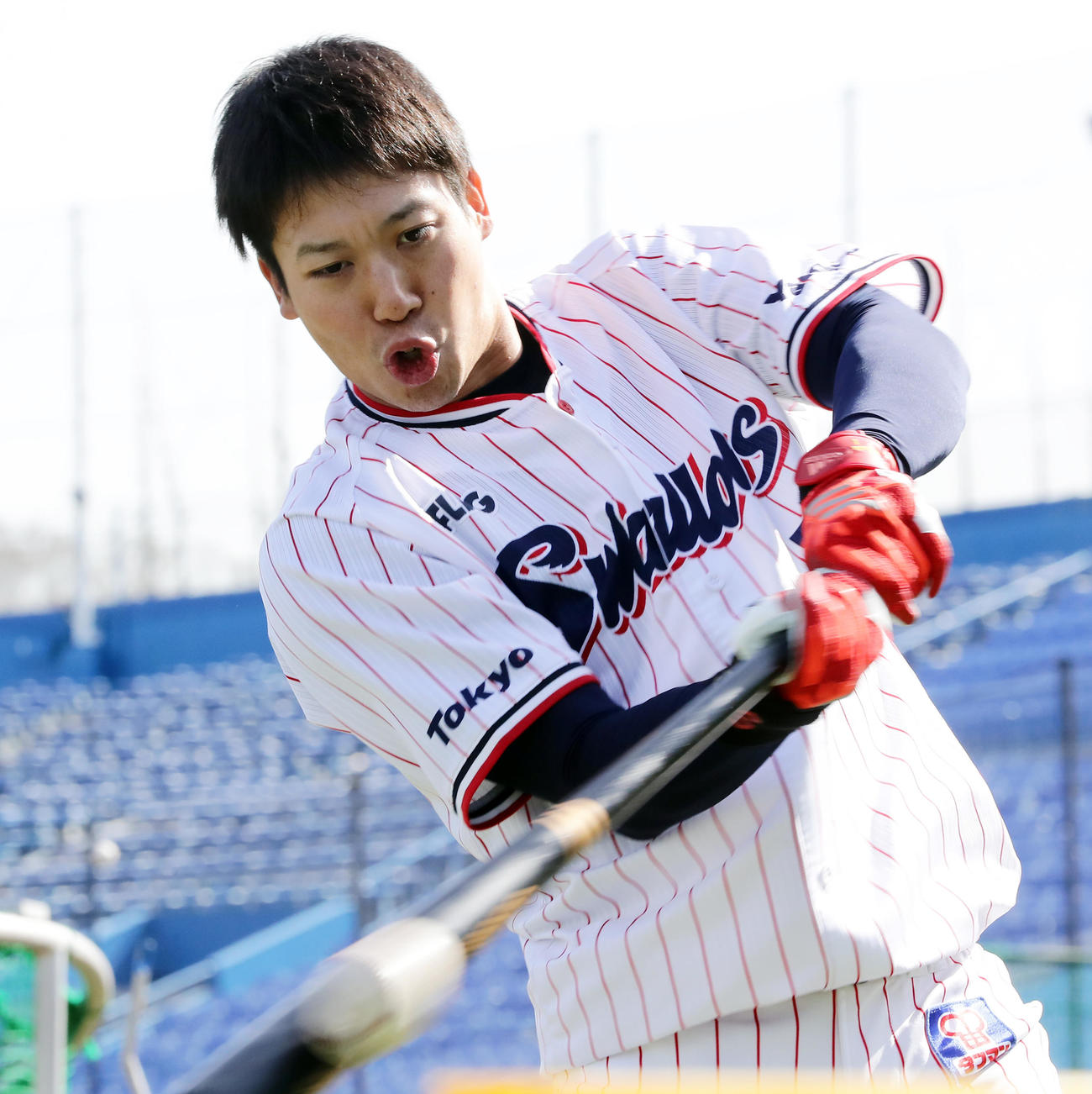 ヤクルト対阪神　別メニューのヤクルト山田哲は、ティー打撃する（撮影・浅見桂子）