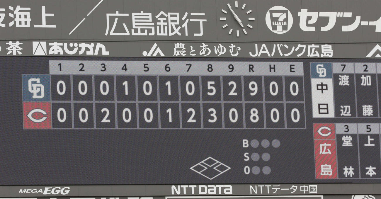広島対中日　9対8のスコアボード（撮影・加藤孝規）