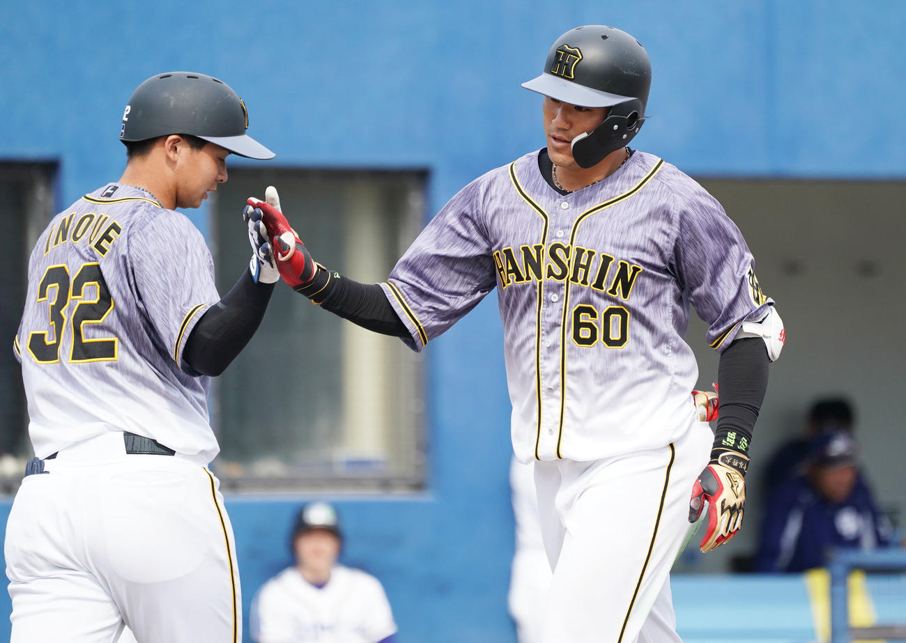 中日対阪神　7回表阪神無死、井上とタッチを交わす左越え本塁打を放った中谷（右）（撮影・森本幸一）