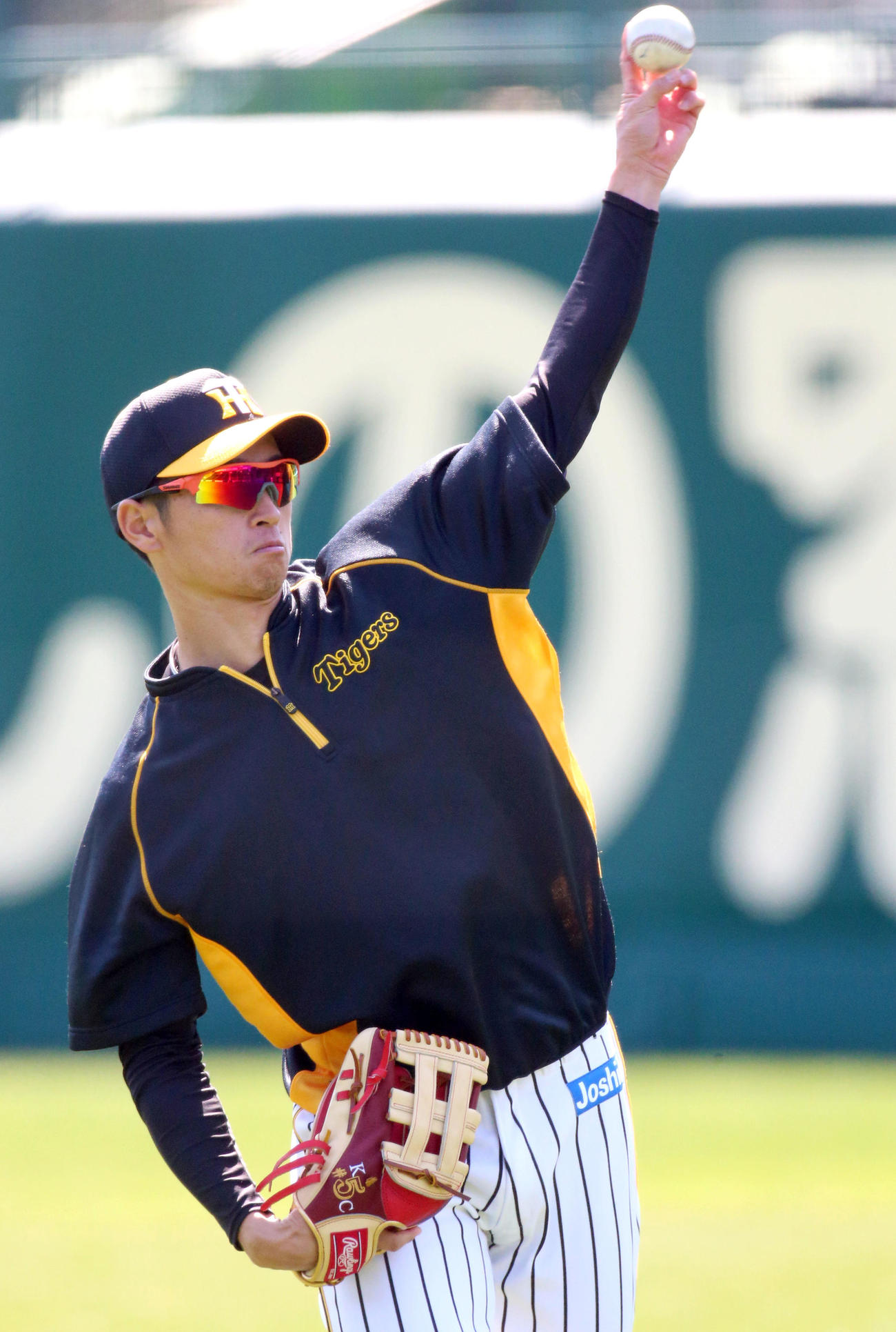 甲子園球場でキャッチボールする近本光司（撮影・上山淳一）