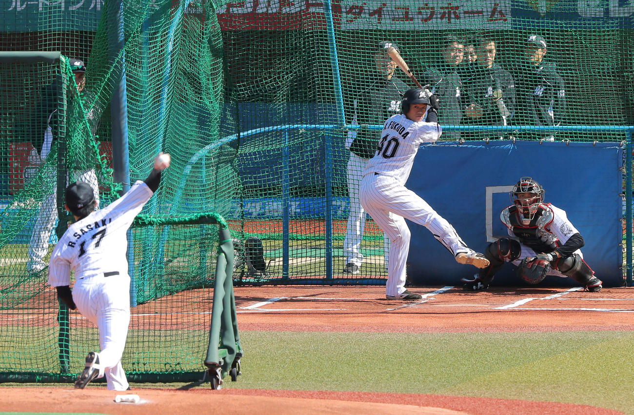 打撃投手で福田光を打席に投球するロッテ佐々木朗（撮影・河田真司）