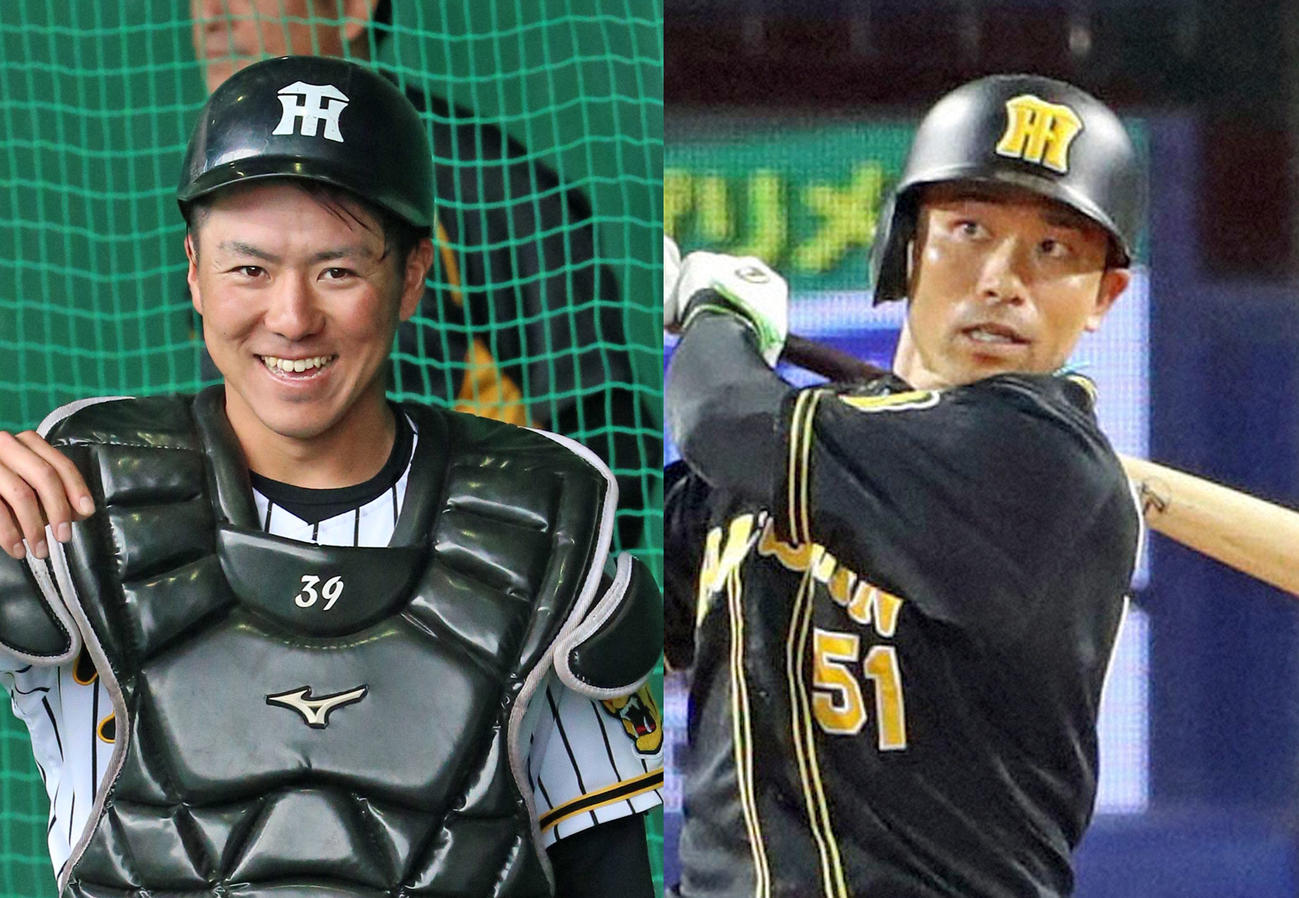 阪神の長坂拳弥（左）と伊藤隼太