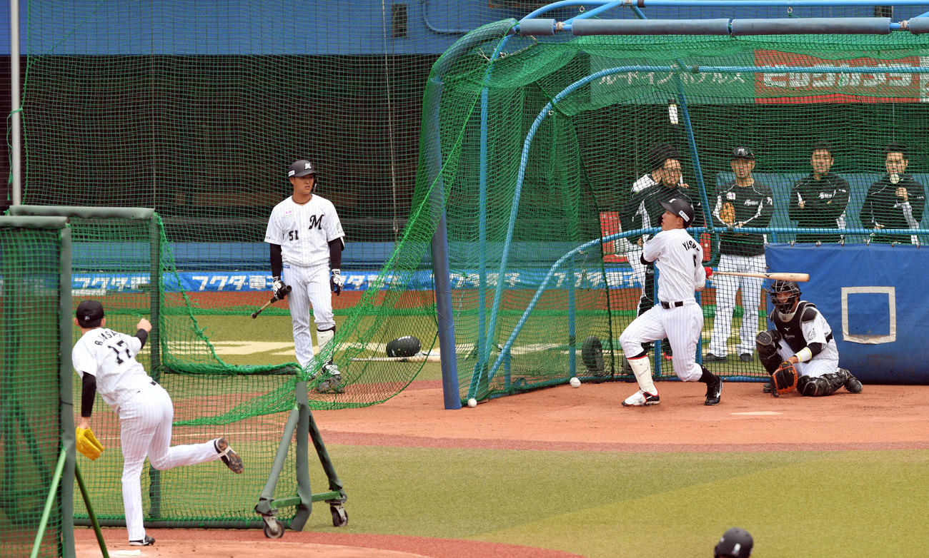 フリー打撃でロッテ佐々木朗のボールを打ち損じる安田（撮影・滝沢徹郎）