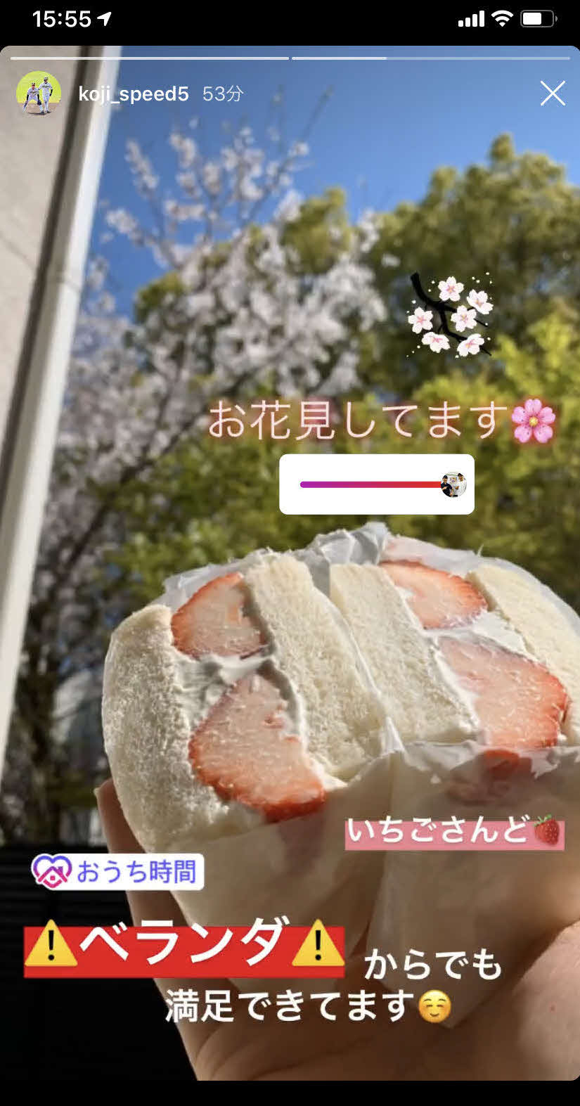 いちごサンドイッチとともに「自宅花見」を楽しむ近本（インスタグラムから）