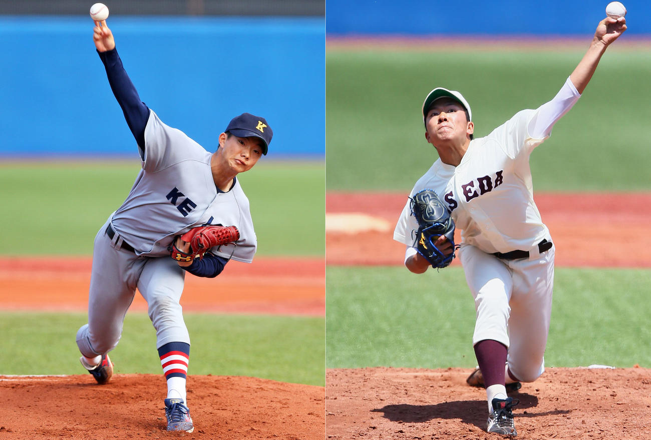 今秋ドラフト1位候補の慶大・木沢（左）と早大・早川