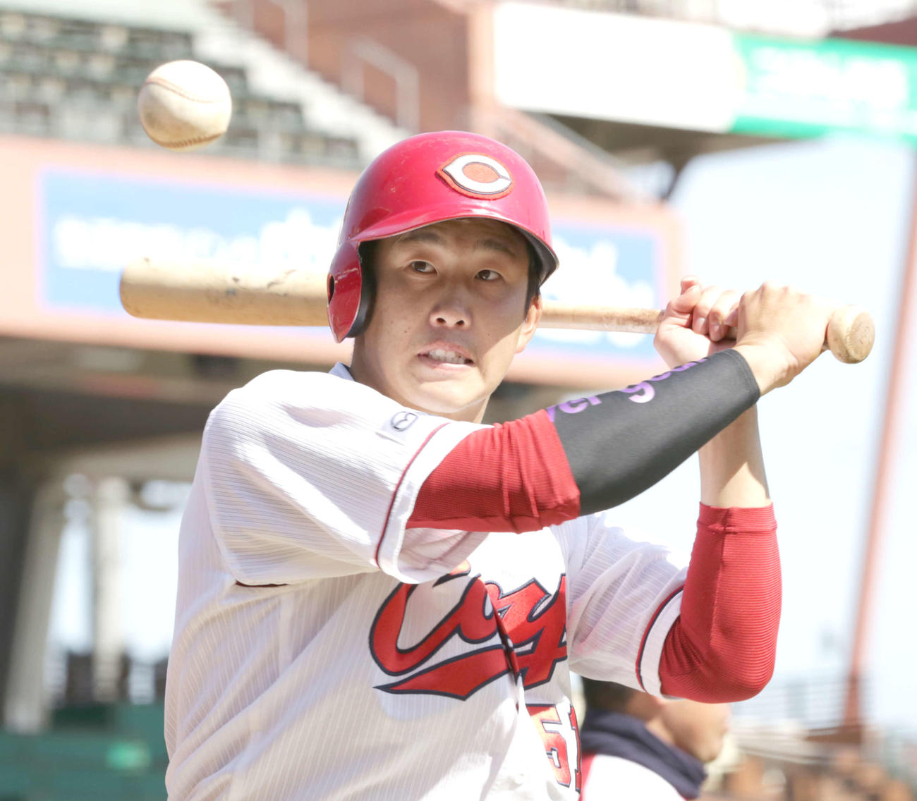ティー打撃練習をする広島小園（2020年3月3日撮影）