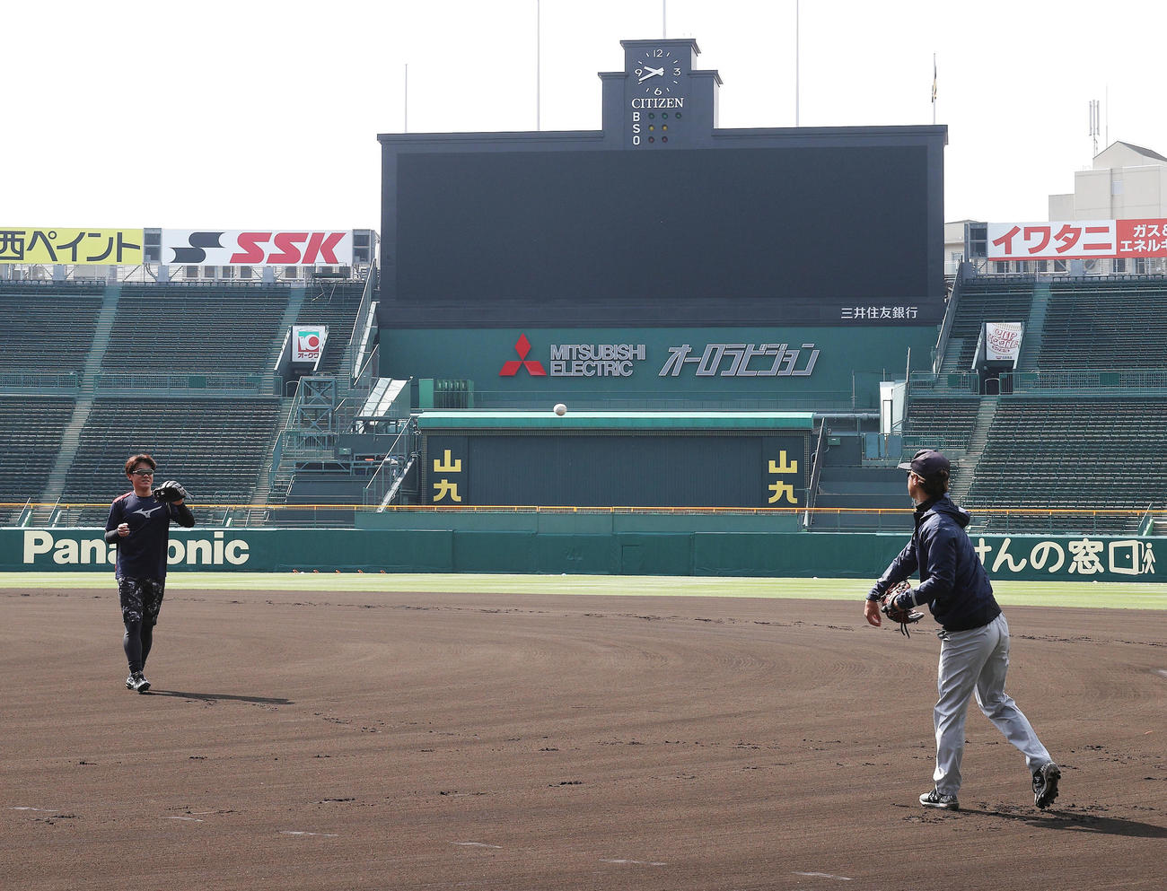 甲子園で自主練習を行う陽川尚将（左）と上本博紀（球団提供）
