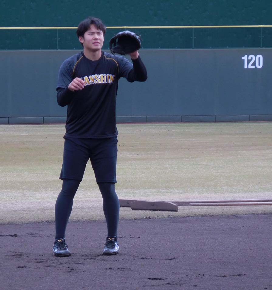 鳴尾浜球場で自主トレをする遠藤成（球団提供）