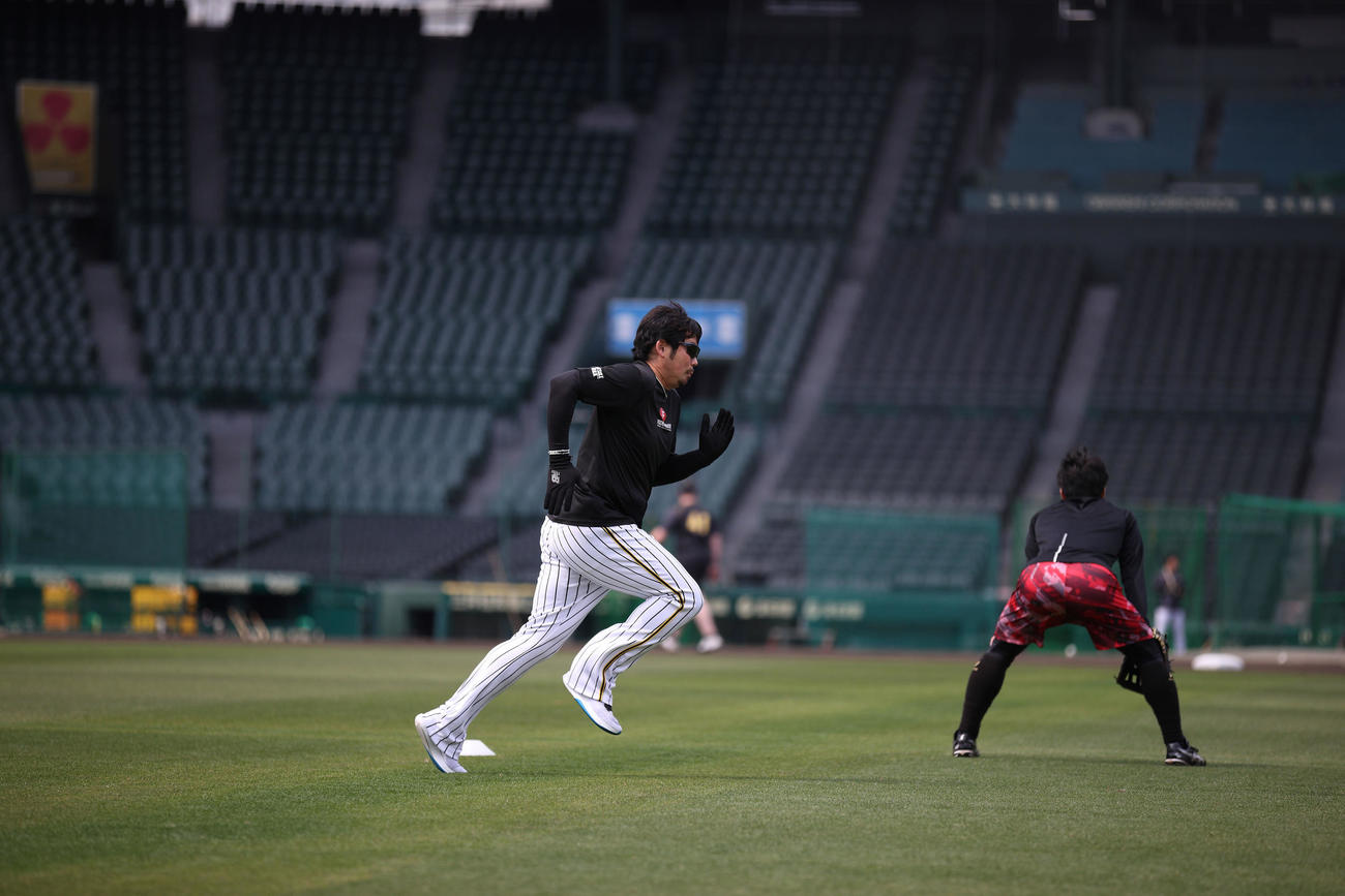 甲子園球場の外野をランニングする岩田（球団提供）