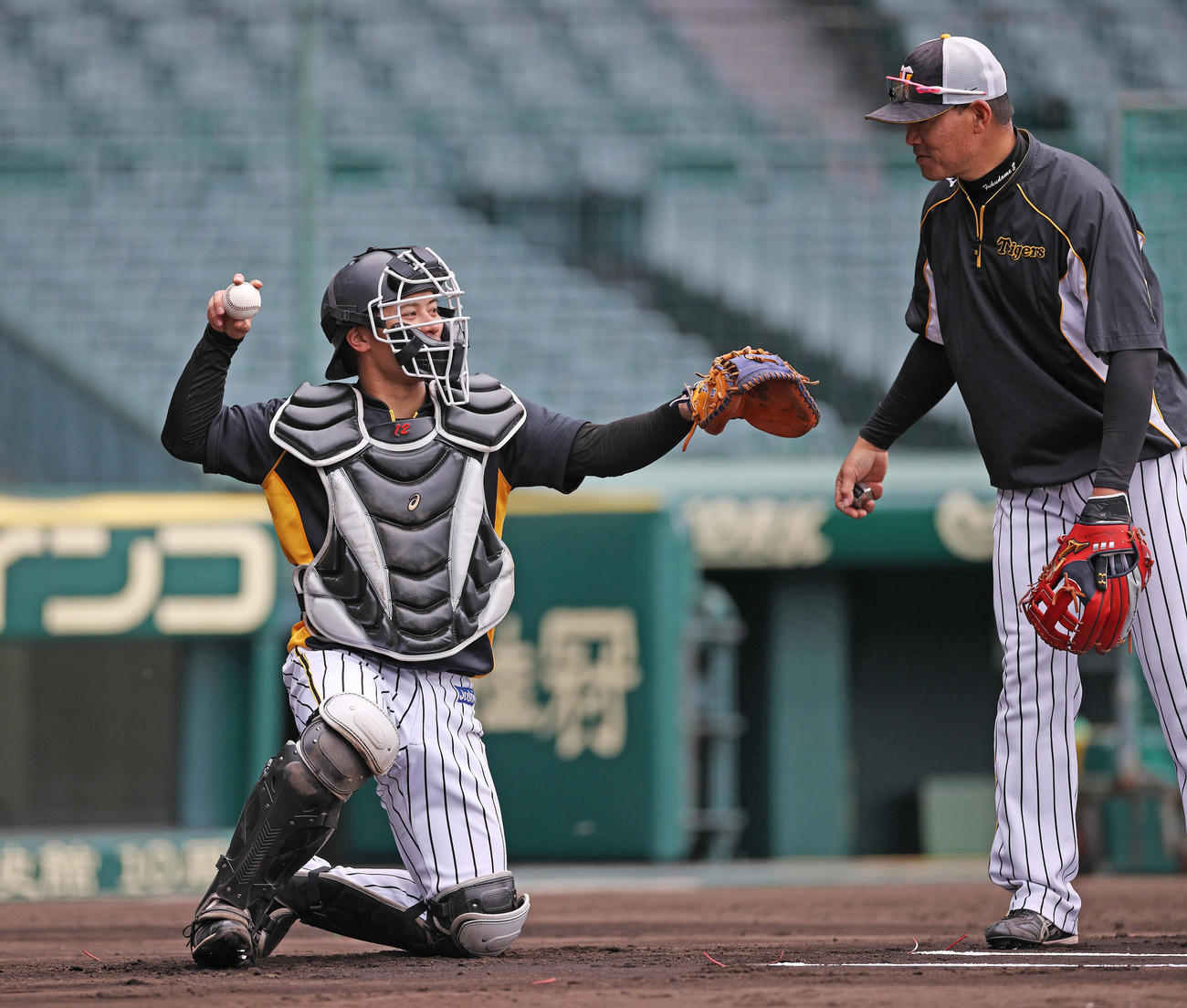 岩貞の球を受ける坂本（左）と打席に入る福留（球団提供）
