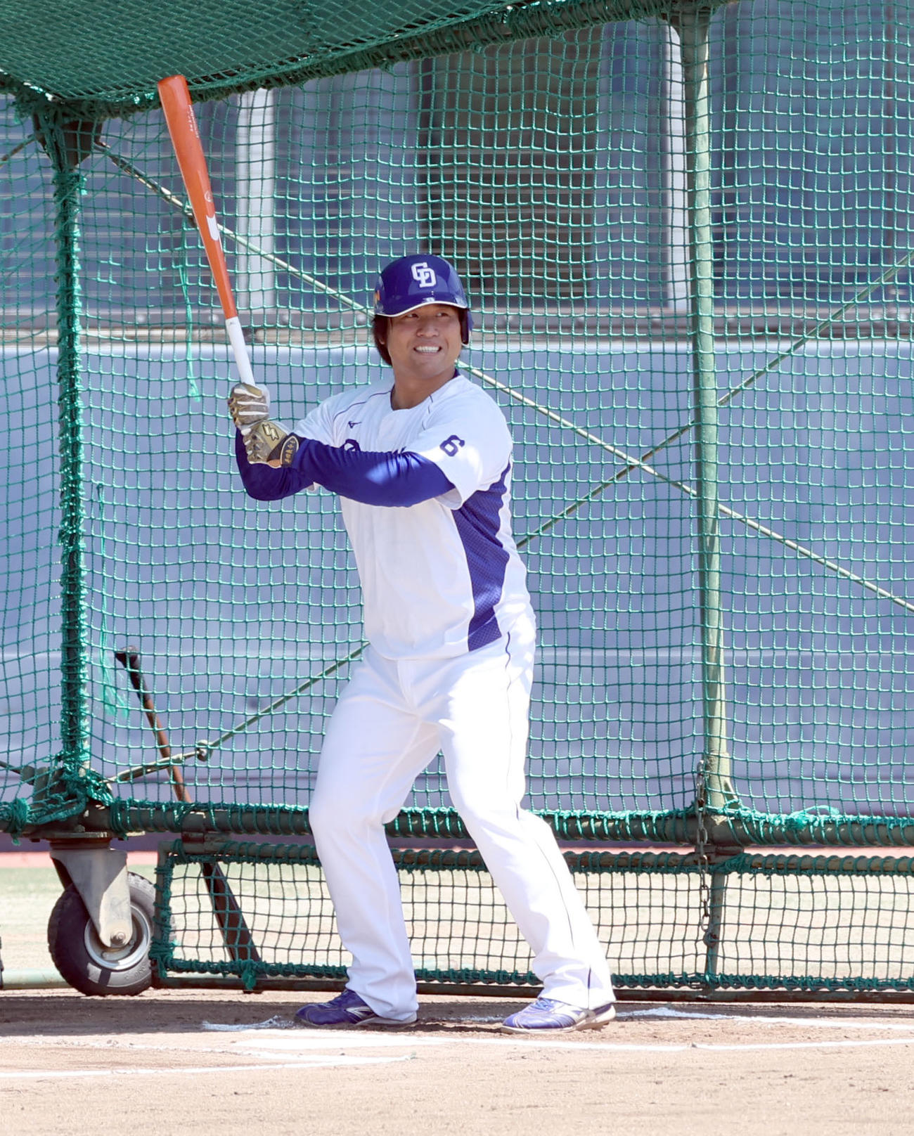 屋外でフリー打撃練習をする平田良介