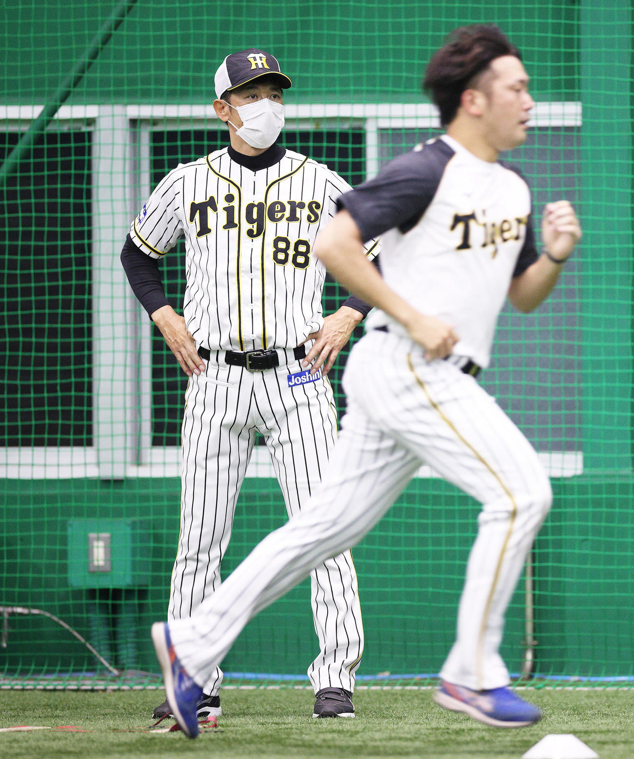 投手、野手の分離練習で選手をみる矢野耀大監督（奥）（球団提供）