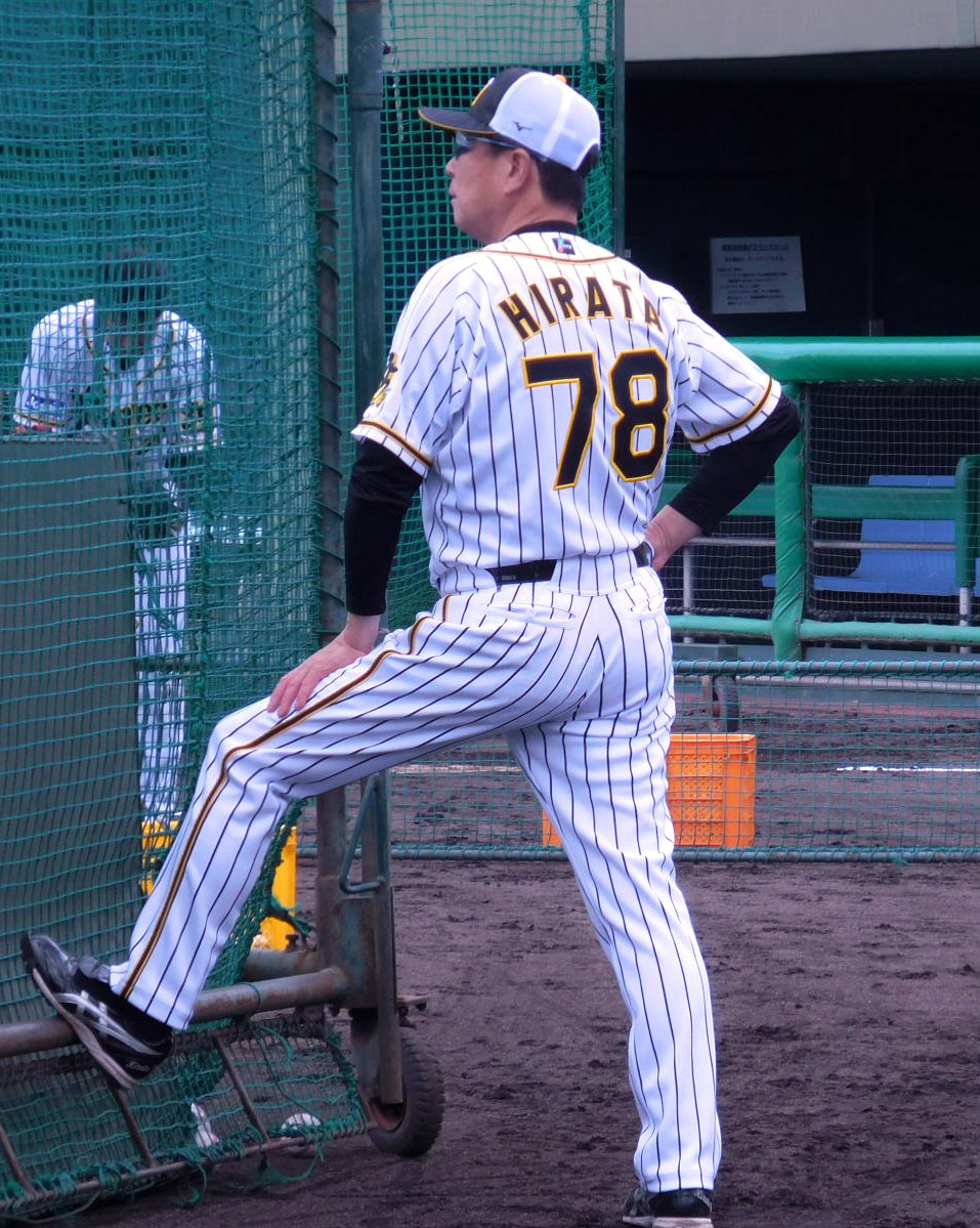 鳴尾浜での投手、野手の分離練習をみる平田2軍監督（球団提供）
