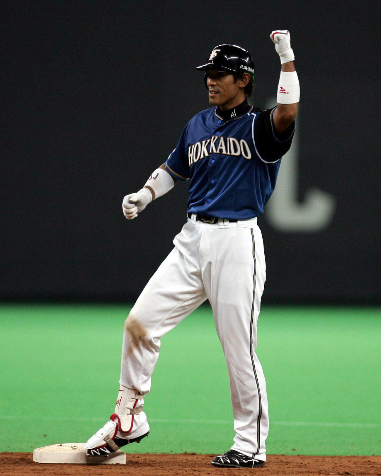 07年8月17日のロッテ戦で適時打を放ち、ガッツポーズする日本ハム稲葉