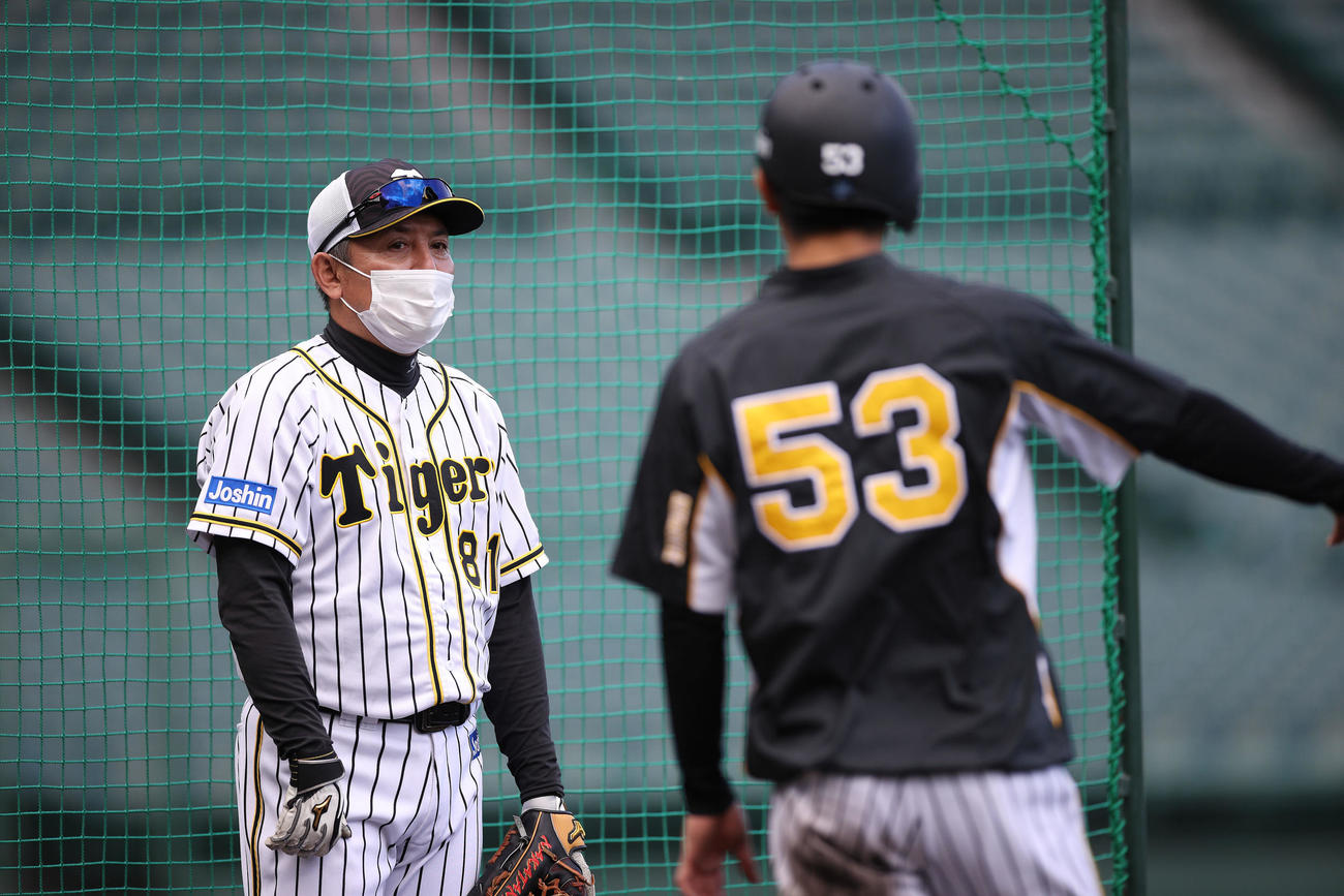 阪神島田（右）と言葉を交わす清水ヘッドコーチ（球団提供）