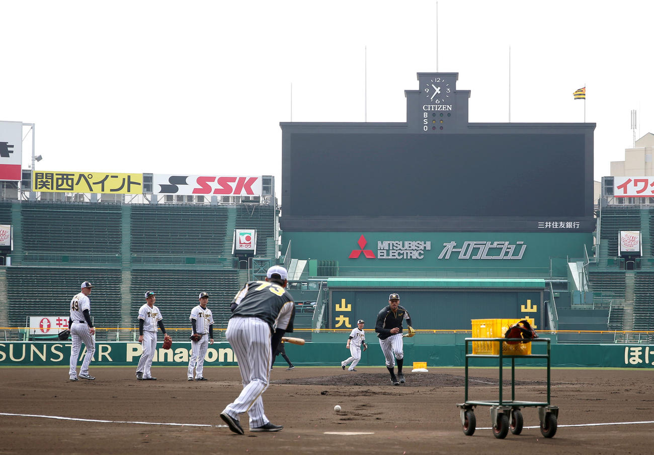 3月22日、甲子園で投内連係する投手陣