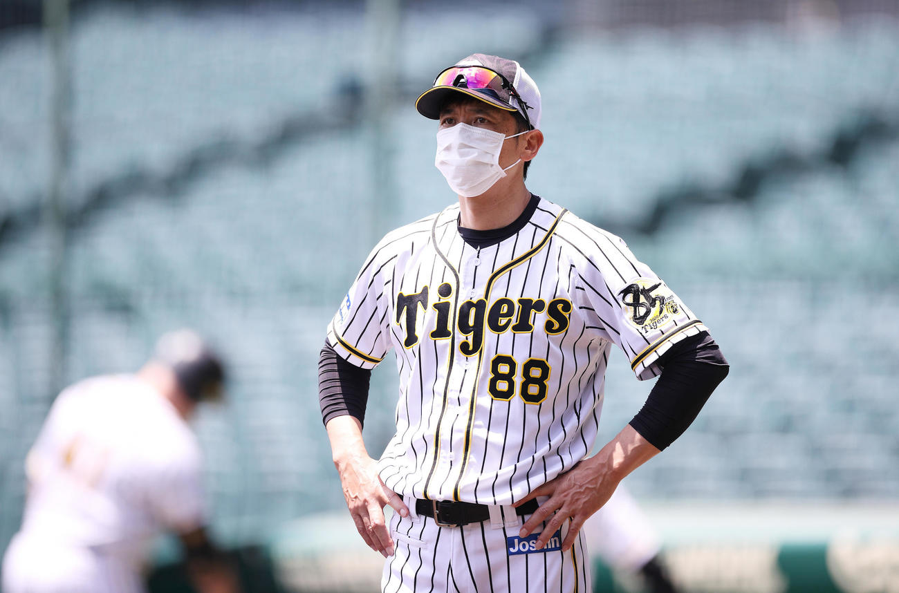マスクを付けて練習を見つめる矢野監督（球団提供）