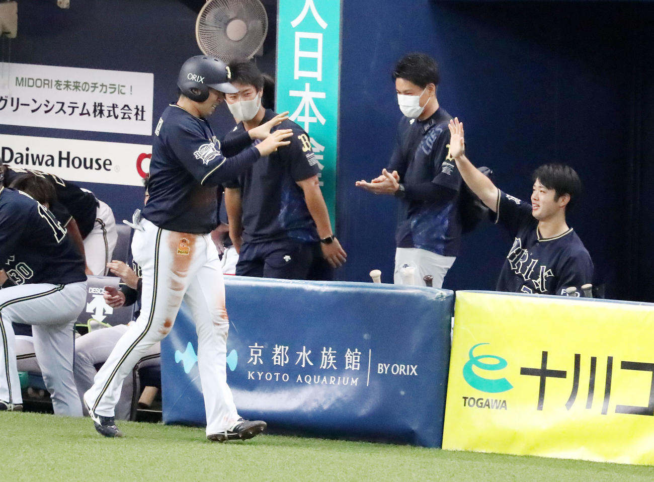 オリックス紅白戦　紅組対白組　4回表紅組2死二塁、二走勝俣は頓宮の左前打で生還しベンチのナインとエアタッチ（撮影・加藤哉）