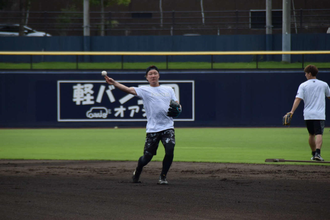 内野ノックで送球する日本ハム渡辺（球団提供）