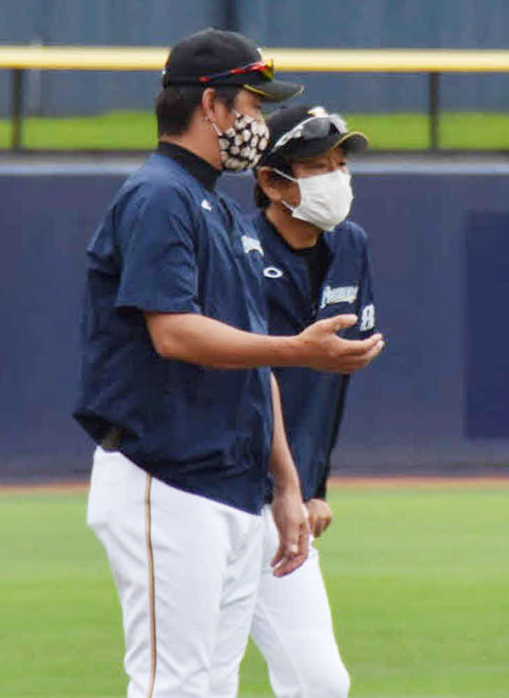 チーム練習を見守る日本ハム栗山監督（右）（球団提供）