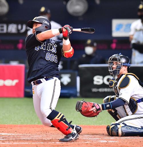 オリックス紅白戦　3回表紅組1死一、二塁、右中間へ3点本塁打を放つ大下誠一郎（撮影・上田博志）